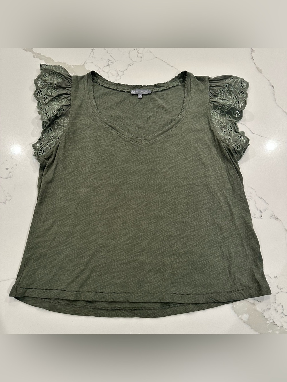 Wit & Wisdom Embroidered Flutter Sleeve Top M Olive Green Cotton Modal Boho